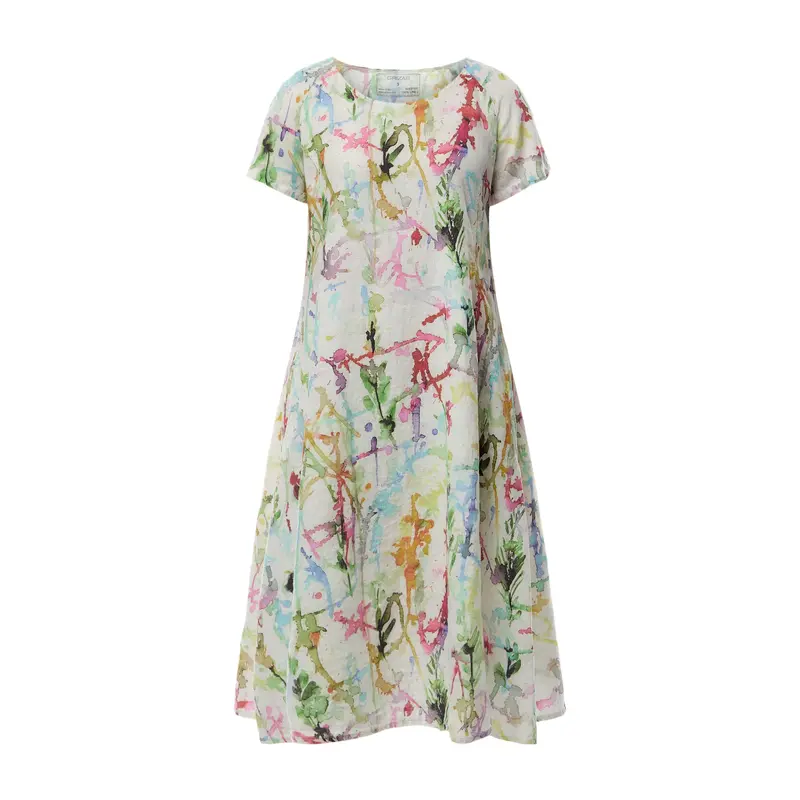 Short Sleeve A Line Printed Linen Dress