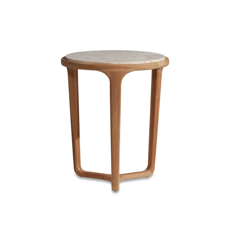 Terza Teak Wood Round Side Table with Marble Top Neutral