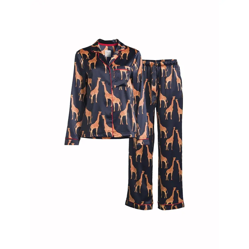 Giraffe Print Satin Button Up Long Set