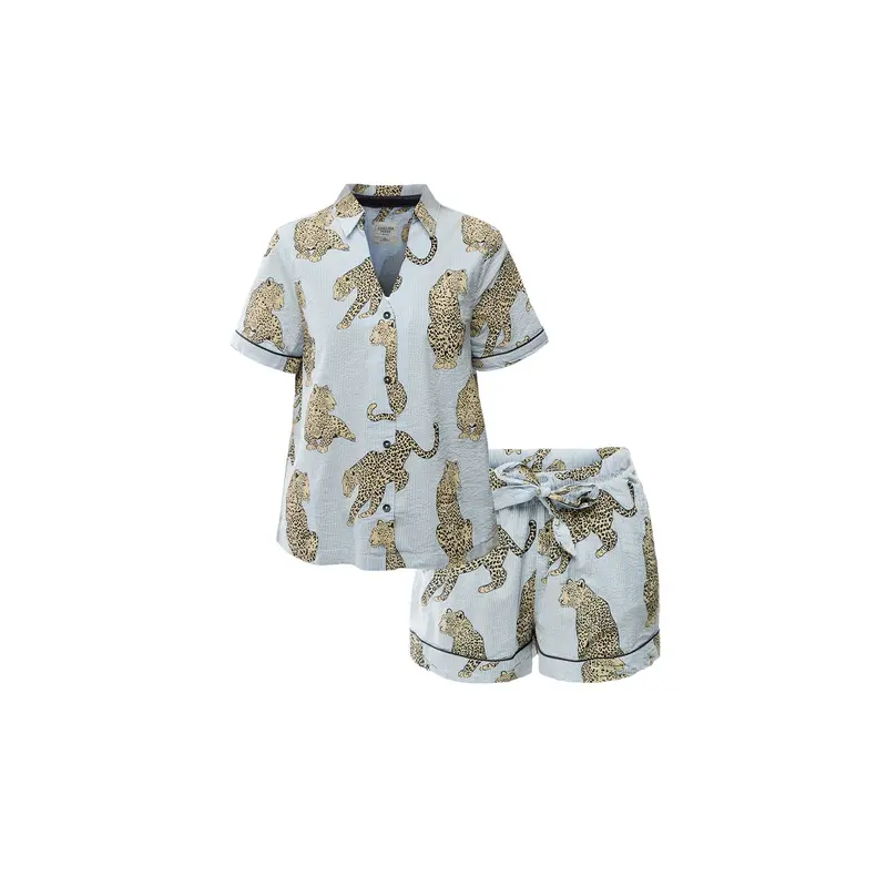 Seersucker Stripe Leopard Short Set