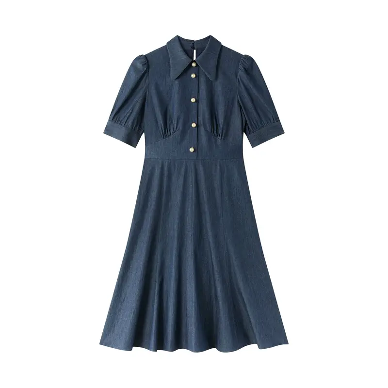Esme Plain Cotton Chambray Pearl Button Dress Blue