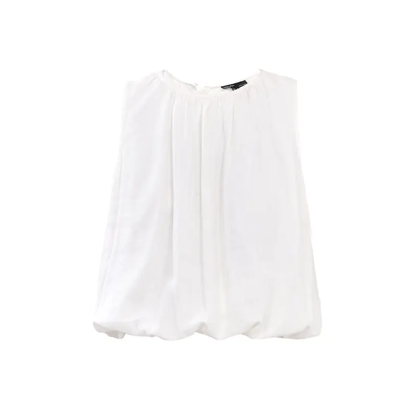 White Linen-blend Sleeveless Bubble Hem Top