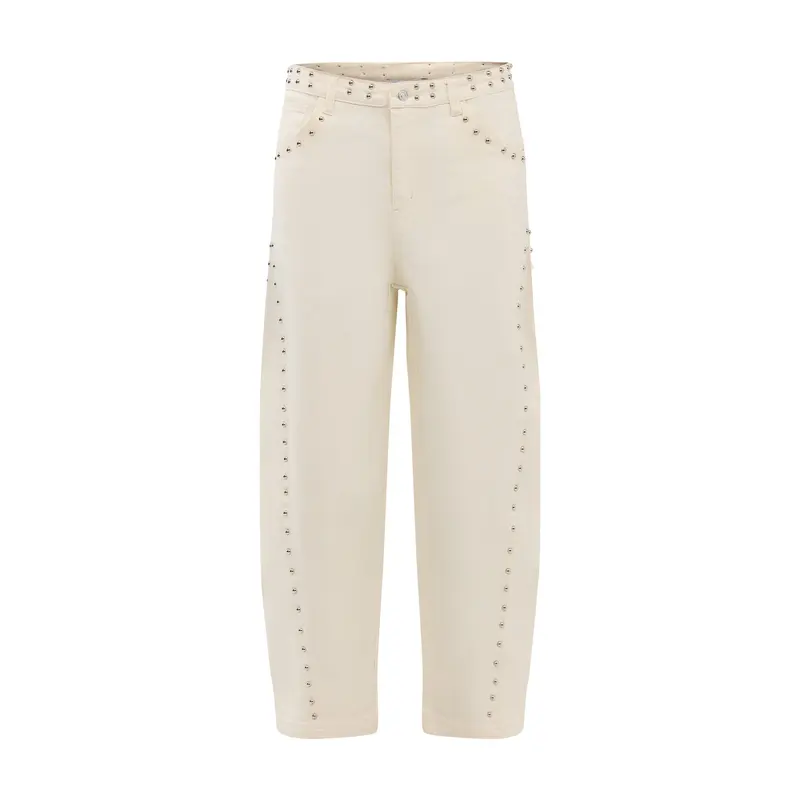 Ecru Studded Barrel Jeans