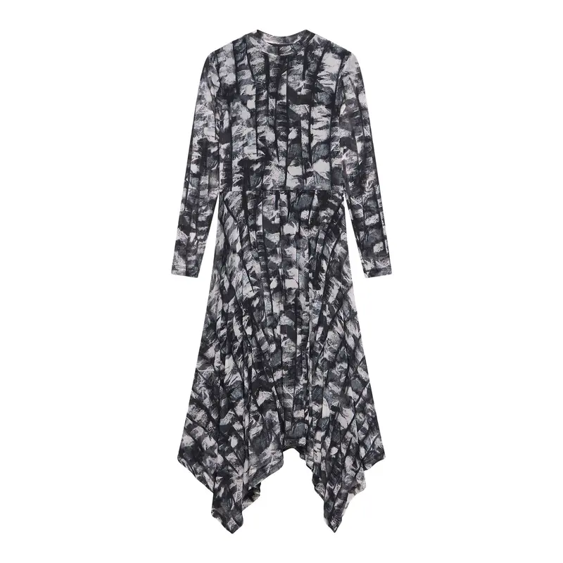 Abstract Print Mesh Midi Dress