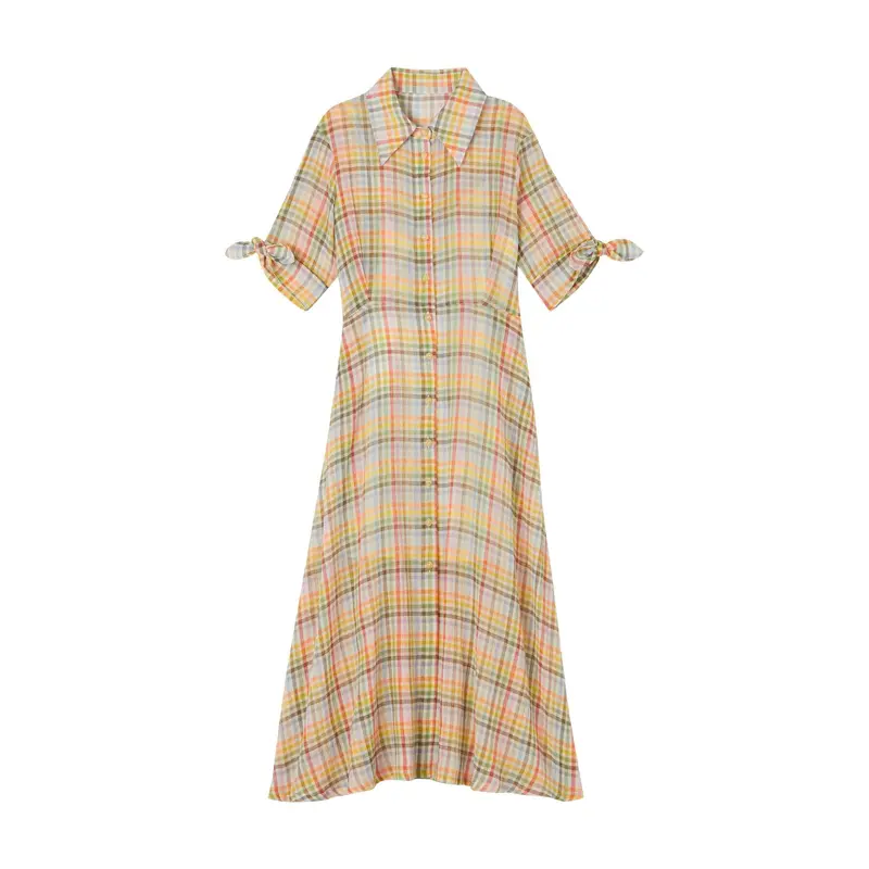 Saffron Gingham Seersucker Cotton Shirt Dress