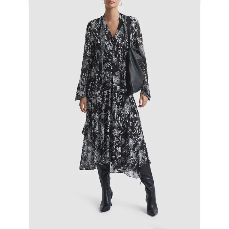 Callie Belted Ruffle Printed Midi Dress