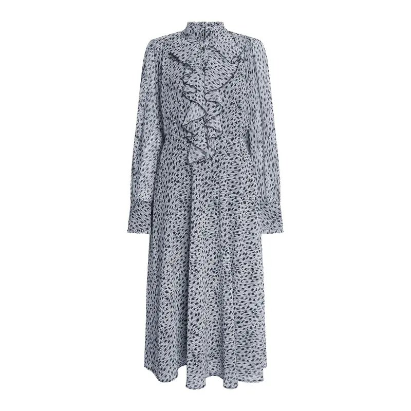 Printed Front Ruffle Midi Dress