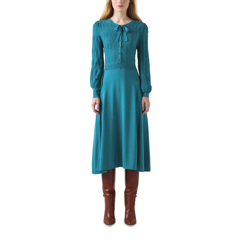 Susannah Dark Teal Tie Neck Pointelle Fit And Flare D