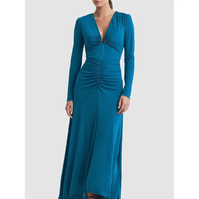 Remy Plunge Neck Ruche Midi Dress