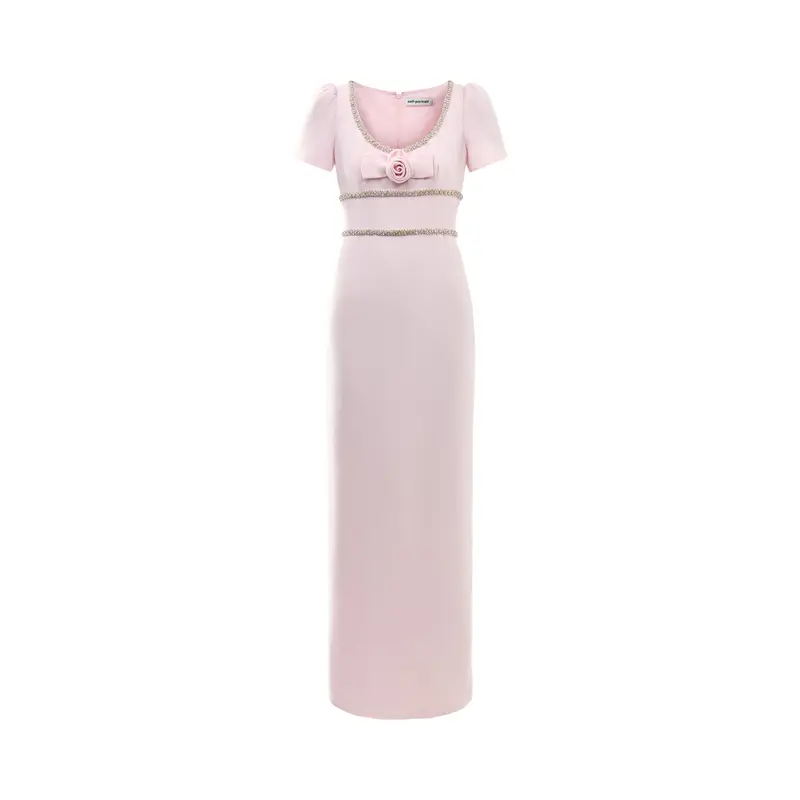 Pink Crepe Crystal Trim Maxi Dress