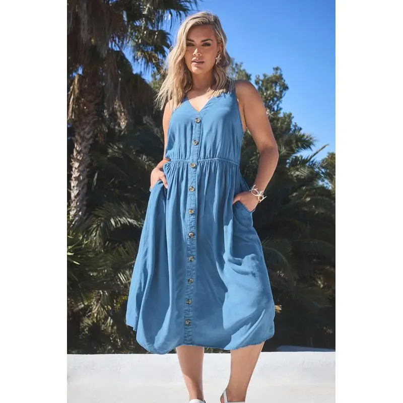 YOURS Curve Blue Sleeveless Button Through Chambray Dress