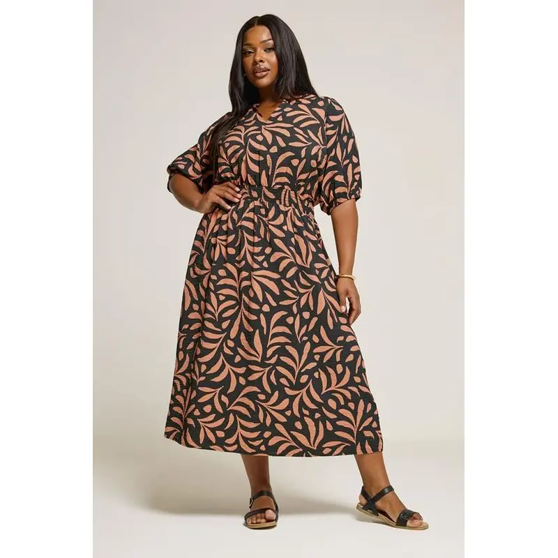 YOURS Curve Brown Leaf Notch Neck Midaxi Dress