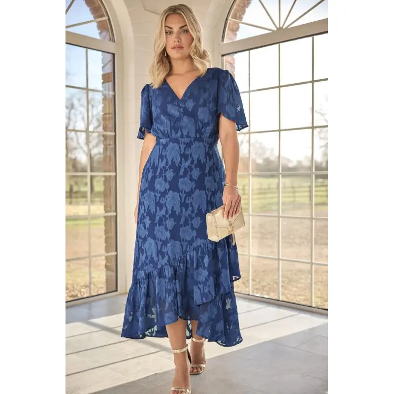 YOURS LONDON Curve Navy Blue Jacquard Floral Wrap Ruffle Dress