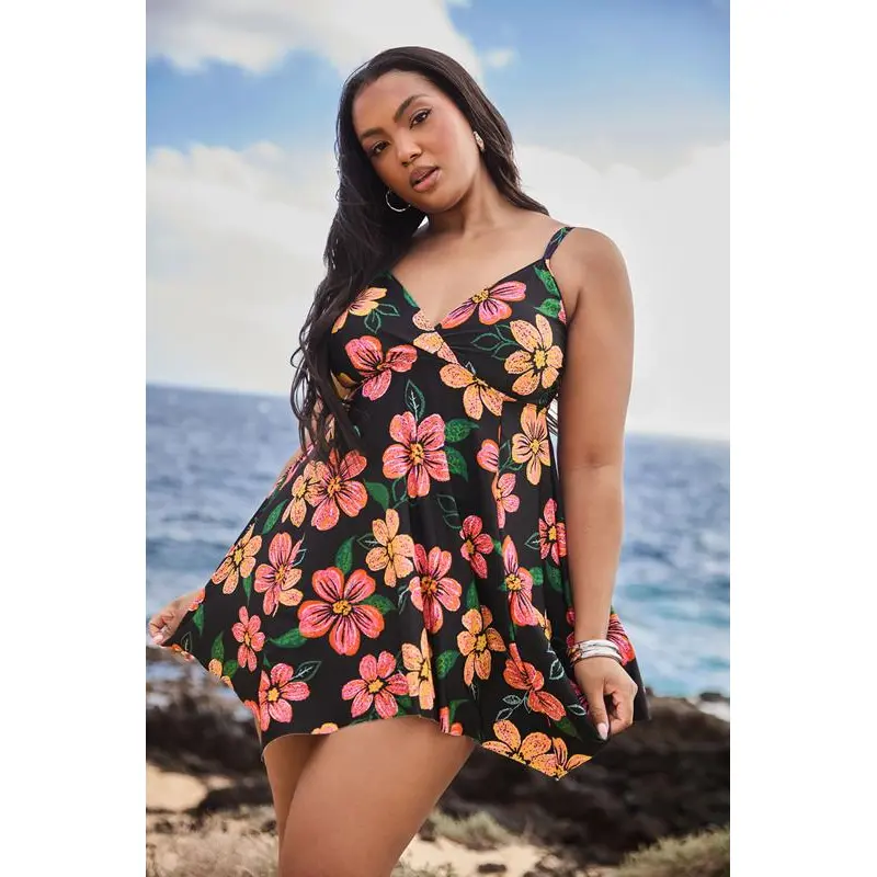 YOURS Curve Black Floral Print Hanky Hem Swim Dress