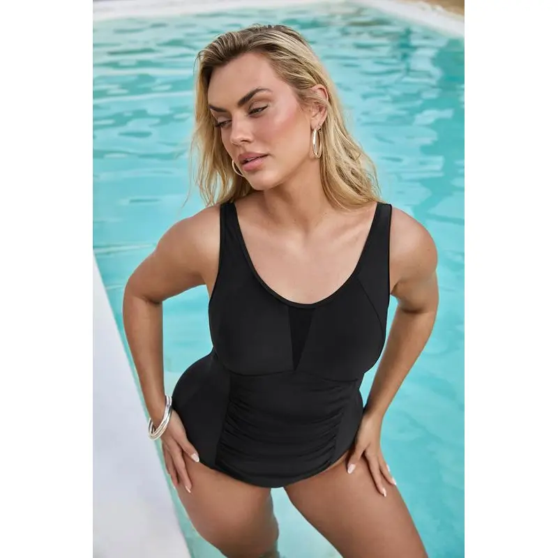 YOURS Curve Black Ruched Mesh Tummy Control Swimsuit