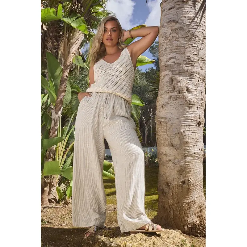 YOURS Curve White Striped Linen Tie Front Trousers