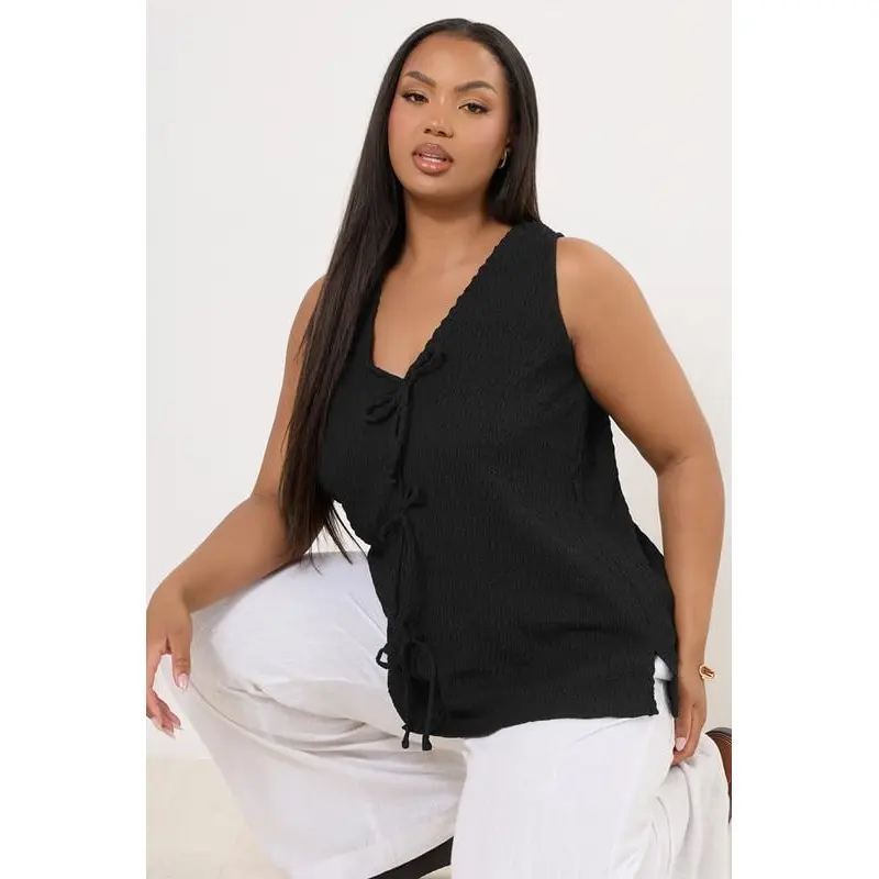 YOURS Curve Black Bow Tie Front Textured Waistcoat
