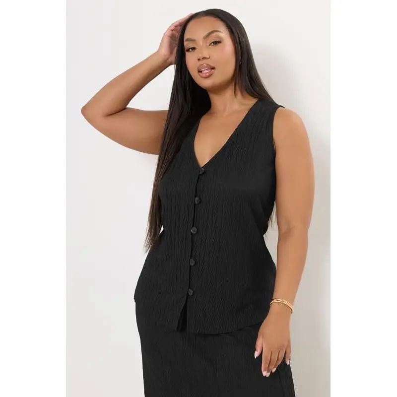YOURS Curve Black Crinkle Plisse Waistcoat