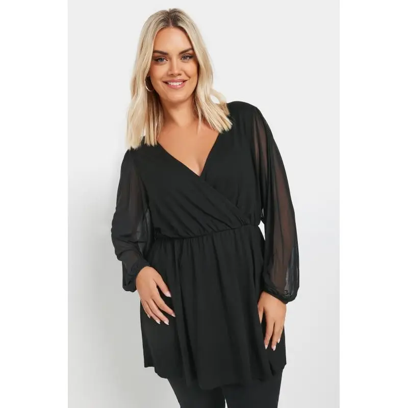YOURS Curve Black Mesh Sleeve Wrap Top