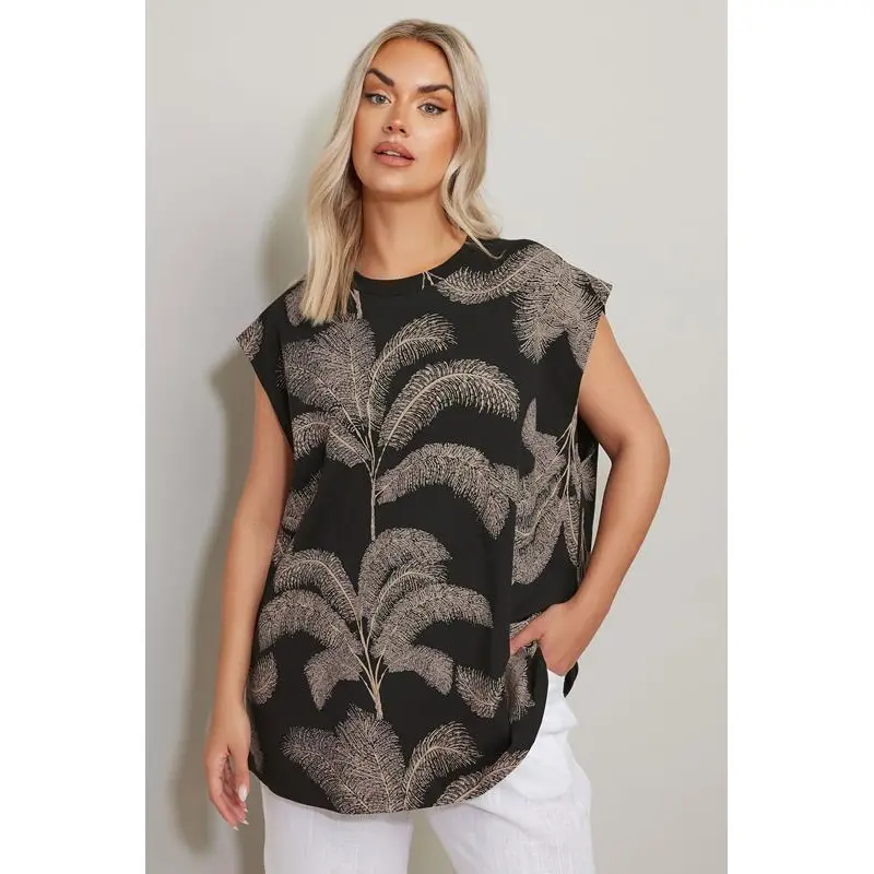YOURS Curve Black Palm Print Boxy T-Shirt