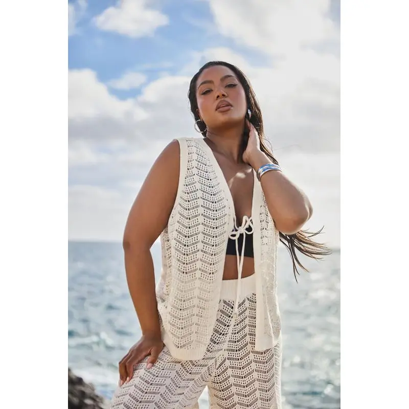 YOURS Curve Ivory White Crochet Knit Waistcoat