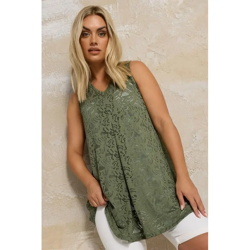 YOURS Curve Khaki Green Broderie Anglaise Pleat Front Vest Top