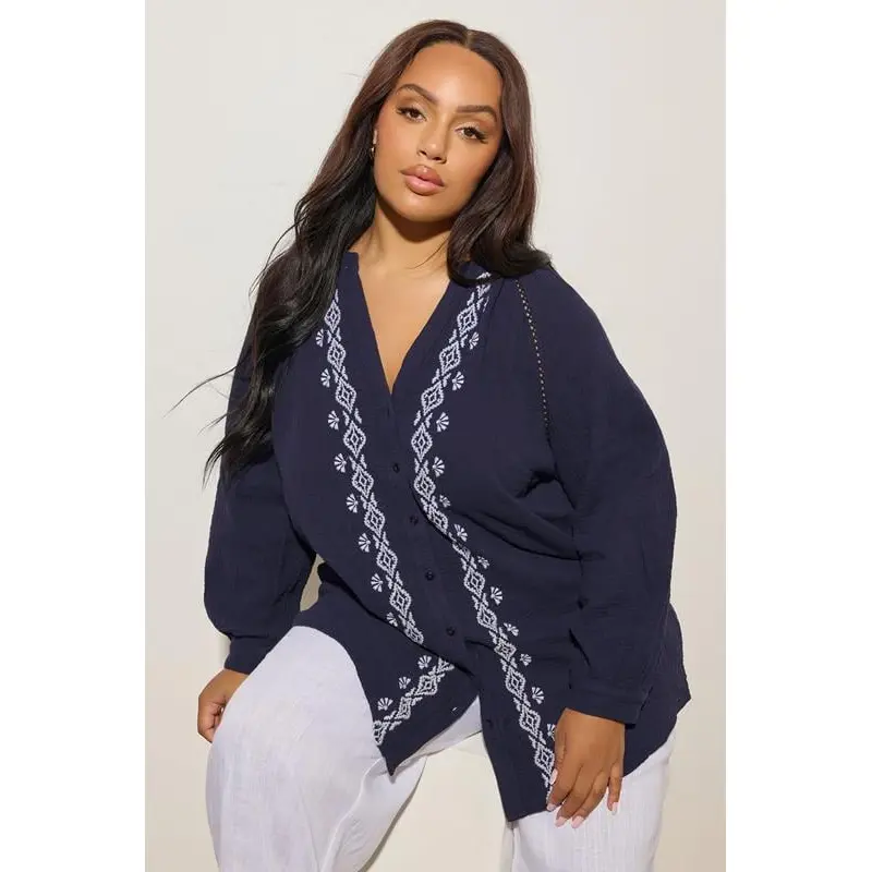 YOURS Curve Navy Blue Embroidered Cheesecloth Shirt