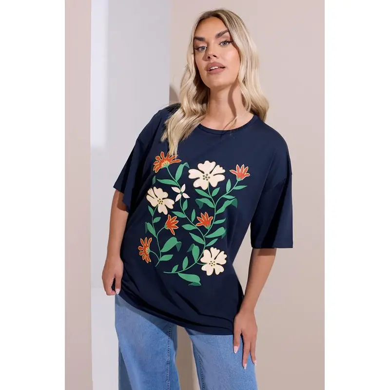 YOURS Curve Navy Blue Floral Print T-Shirt