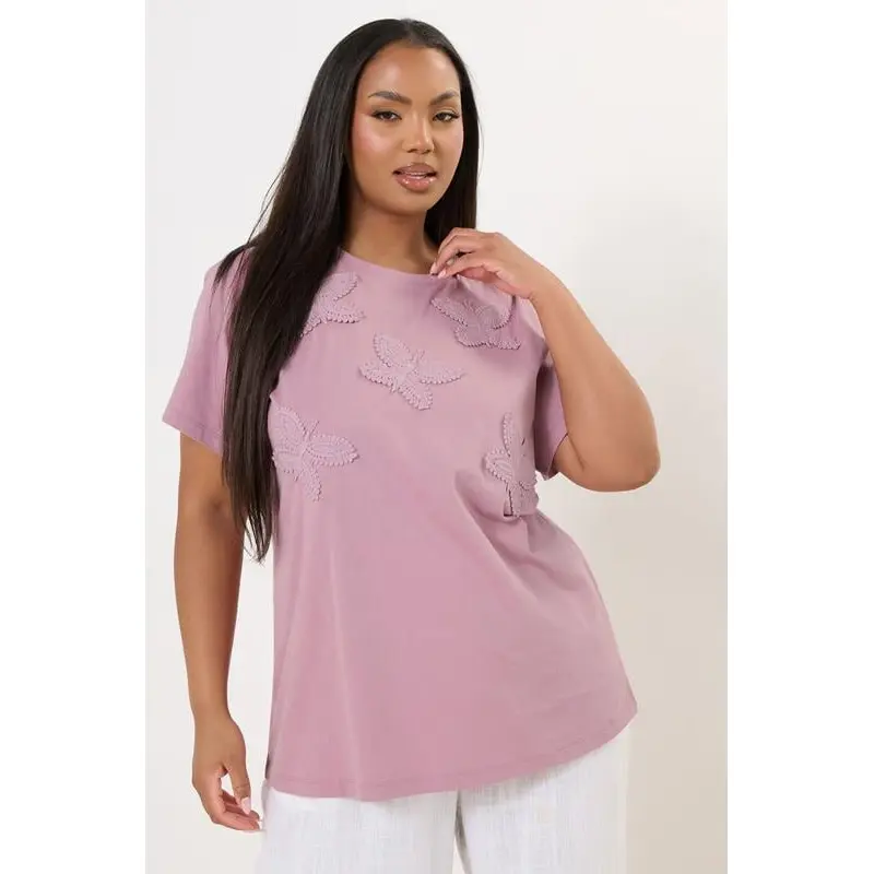 YOURS Curve Pink Applique Butterfly T-Shirt