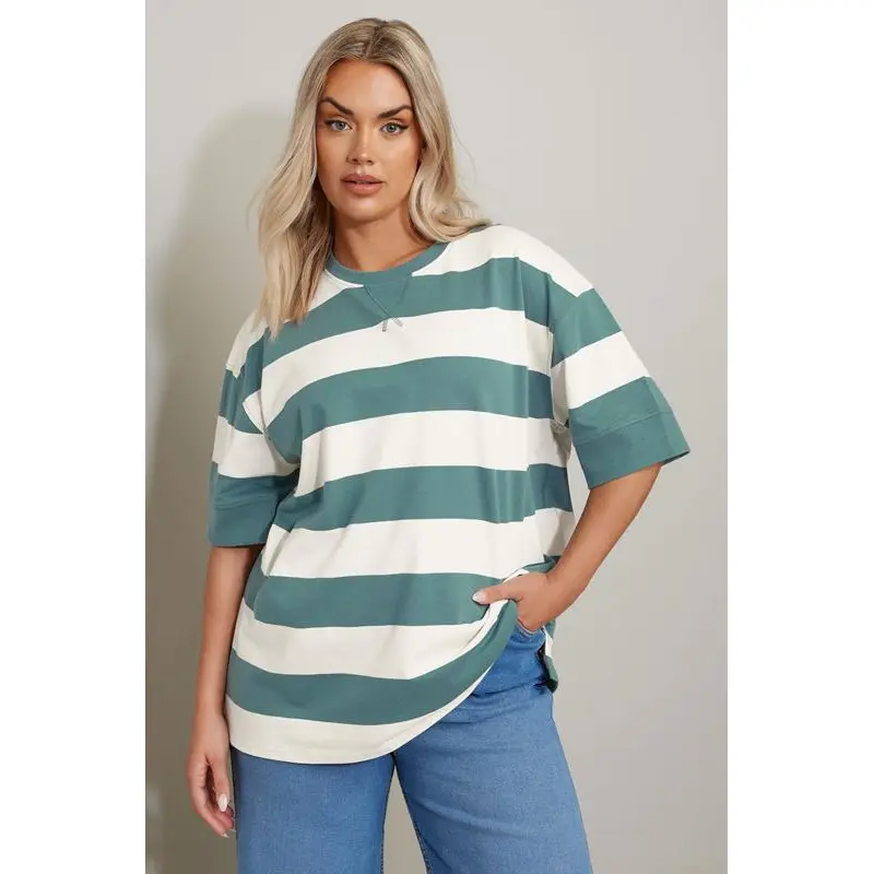YOURS Curve Teal Blue & White Stripe Short Sleeve Sweatshirt