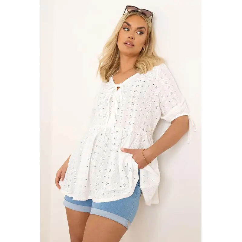 YOURS Curve White Broderie Anglaise Bow Tie Front Peplum Top