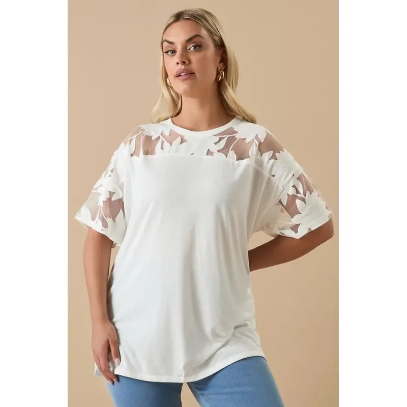 YOURS Curve White Floral Burnout Boxy T-Shirt