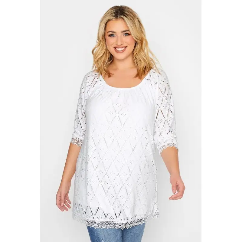 YOURS Curve White Pointelle Lace Trim Top