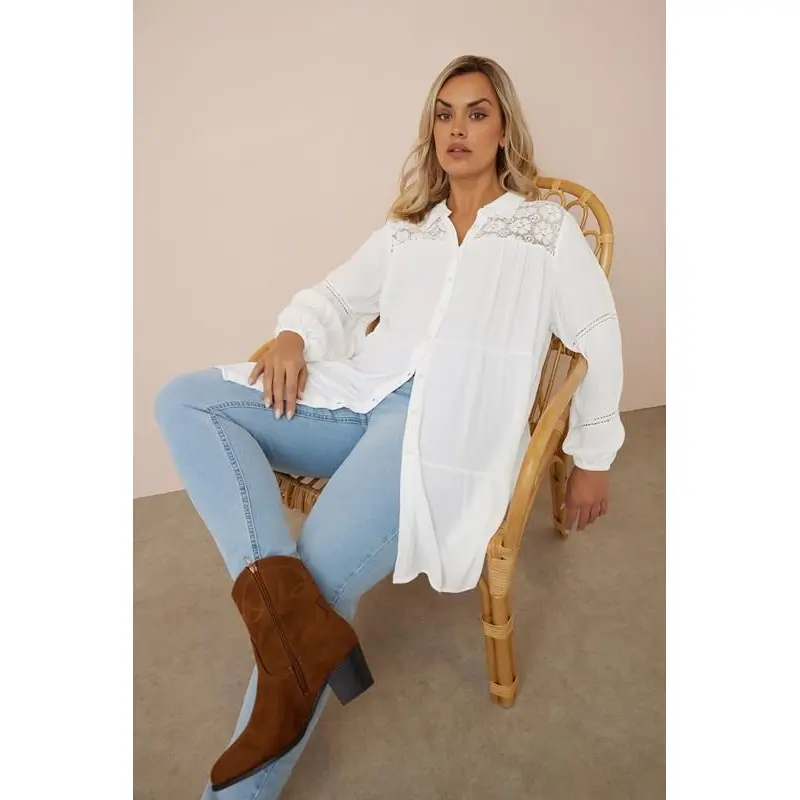 YOURS Curve White Tiered Crochet Detail Shirt