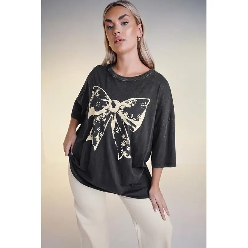 YOURS Curve Black Acid Wash Boxy Bow Graphic Print T-Shirt