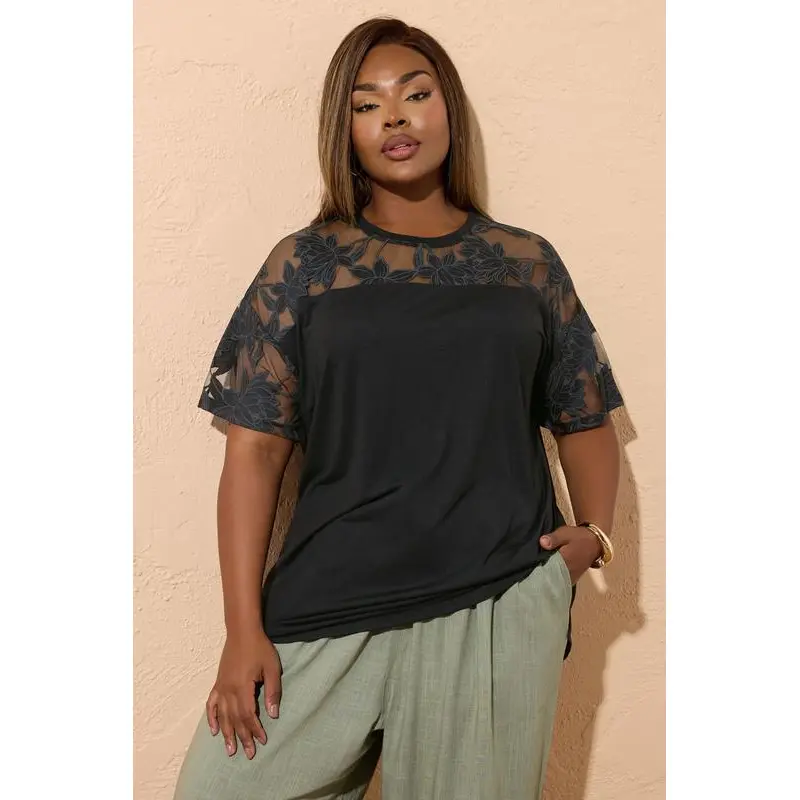 YOURS Curve Black Floral Burnout Boxy T-Shirt