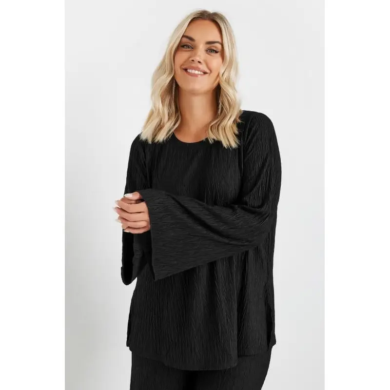 YOURS Curve Black Plisse Flute Sleeve Top