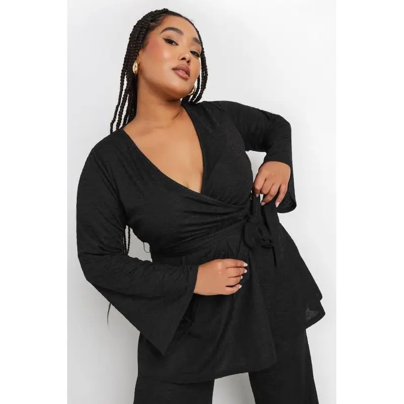 YOURS Curve Black Textured Flare Sleeve Wrap Top
