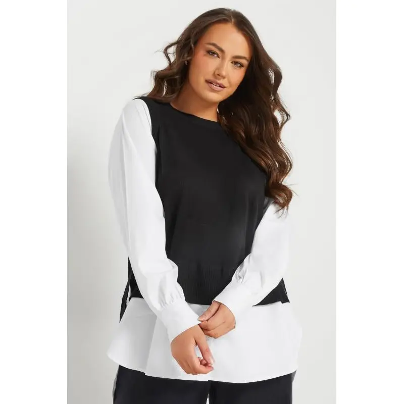 YOURS Curve Black & White 2-In-1 Long Sleeve Shirt