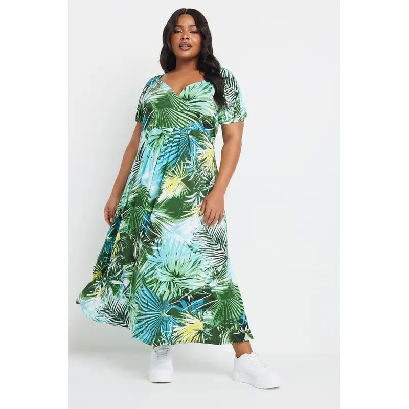 YOURS Curve Blue & Green Tropical Leaf Print Maxi Dress