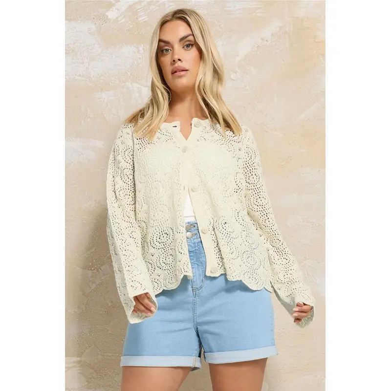 YOURS Curve Cream Scalloped Crochet Cardigan