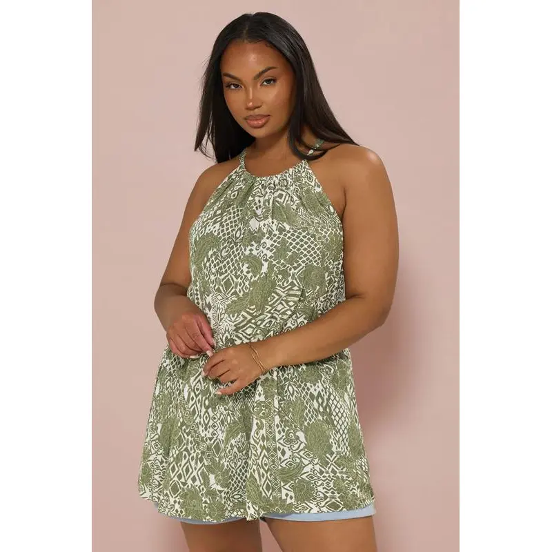 YOURS Curve Green Ikat Print Halter Neck Top