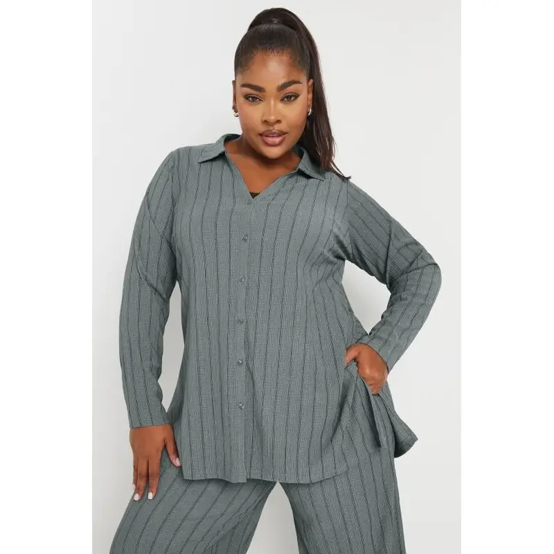 YOURS Curve Grey Textured Pinstripe Shirt