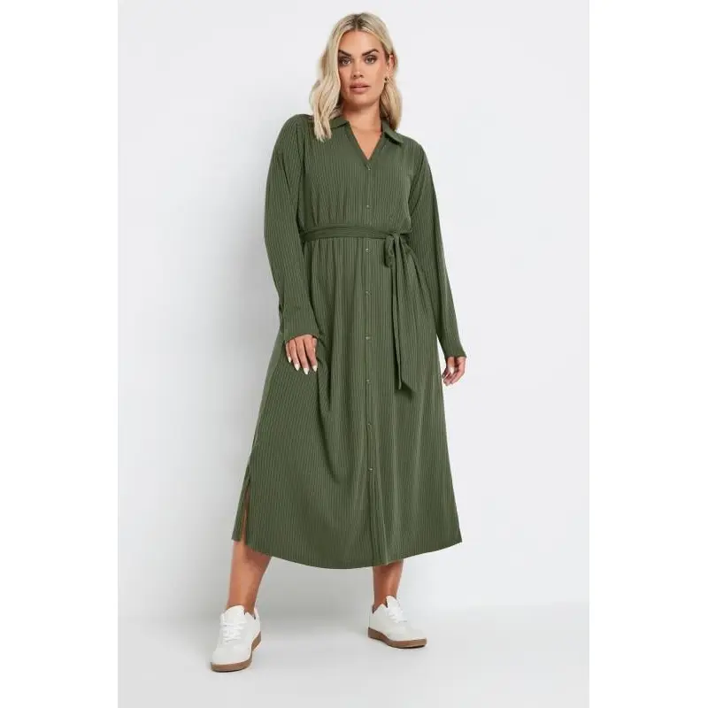 YOURS Curve Khaki Green Button Front Ribbed Tie Waist Midi Dress