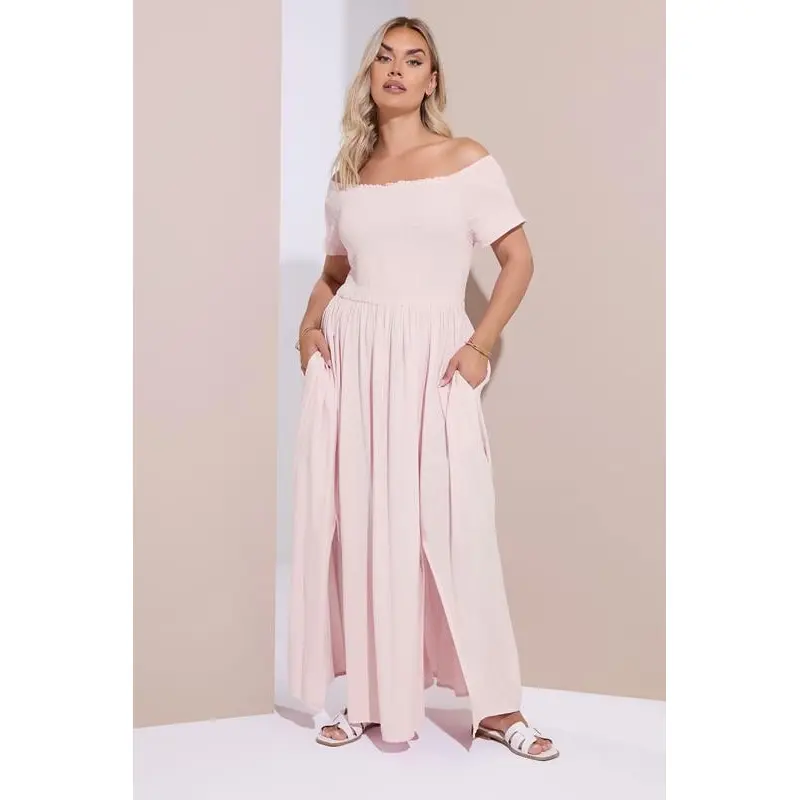 YOURS Curve Light Pink Shirred Bardot Maxi Dress