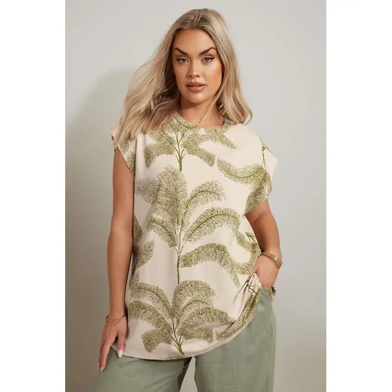 YOURS Curve Natural Brown Palm Print Boxy T-Shirt
