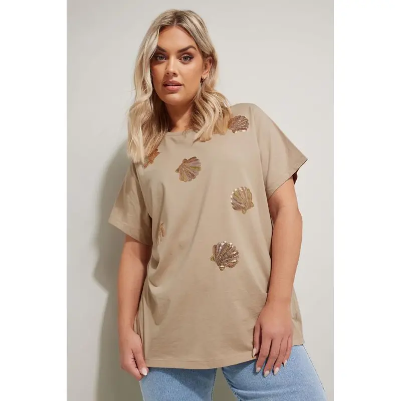 YOURS Curve Natural Brown Sequin Embellished Shell T-Shirt