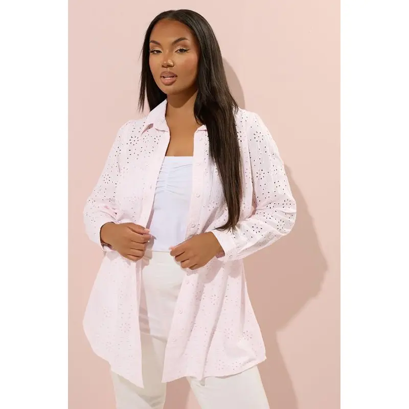 YOURS Curve Pink Broderie Anglaise Long Sleeve Shirt