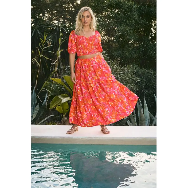 YOURS Curve Pink Floral Shirred Puff Sleeve Crop Top