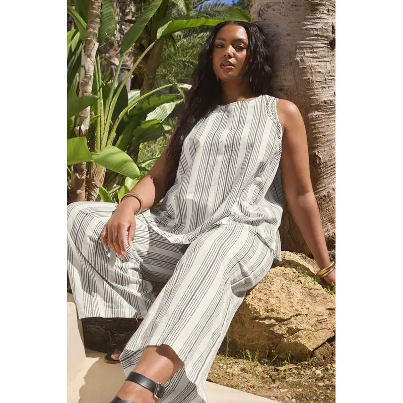 YOURS Curve White Stripe Embroidered Linen Vest Top